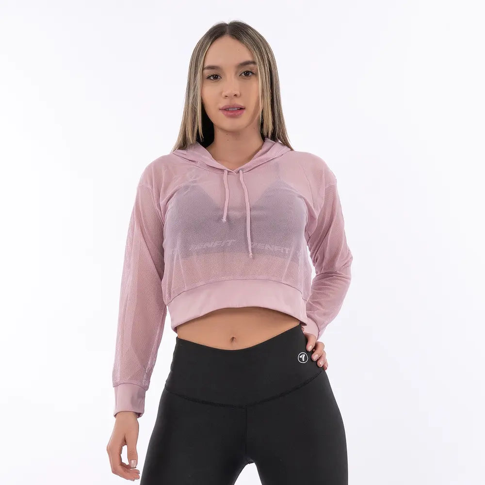 BUZO DE MALLA CAPOTA CORTO - ROSA CREPE CLARO